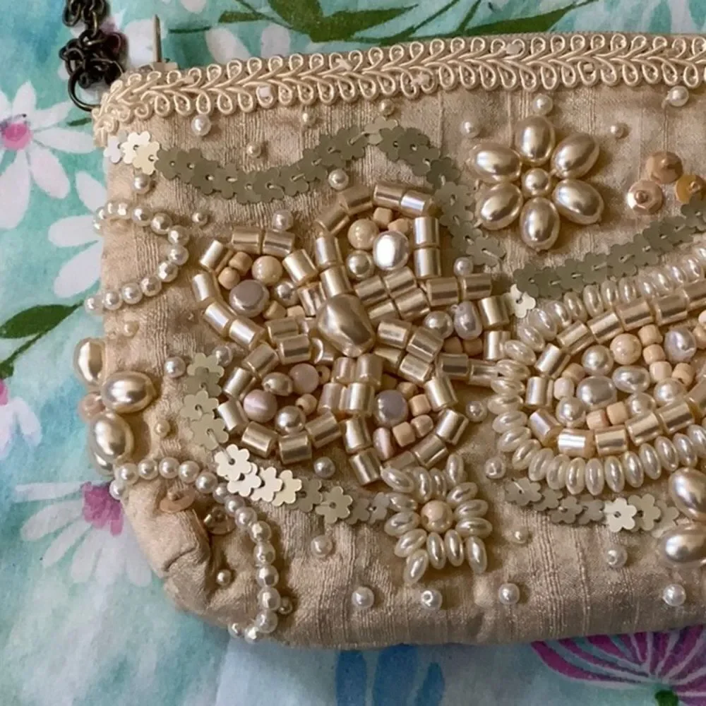 Mary Frances Small Pearl (Faux) Beaded Bag - Small Cream Chain Strap - Picture 2 of 15